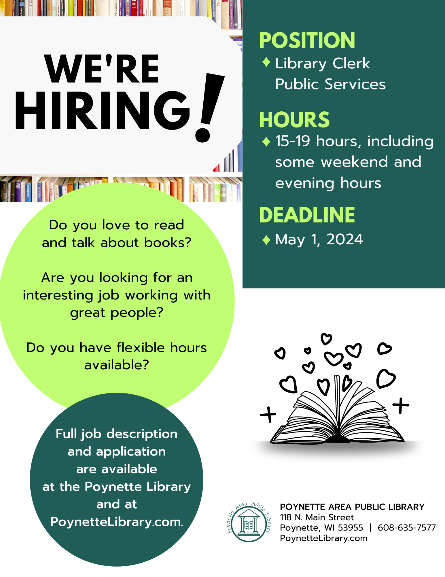 Now Hiring Library Clerk - Public Services