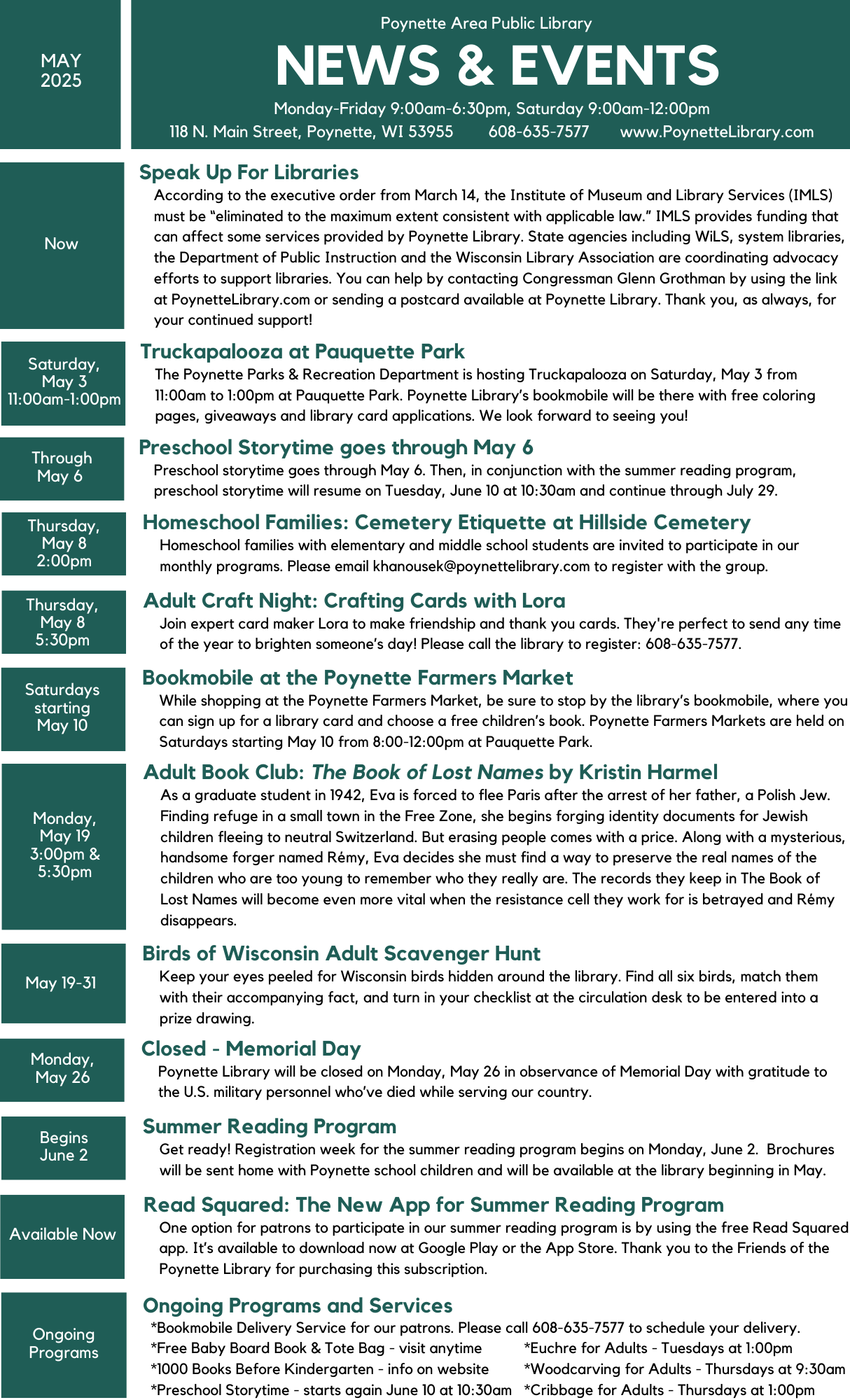 May 2025 News and Events for Poynette Library