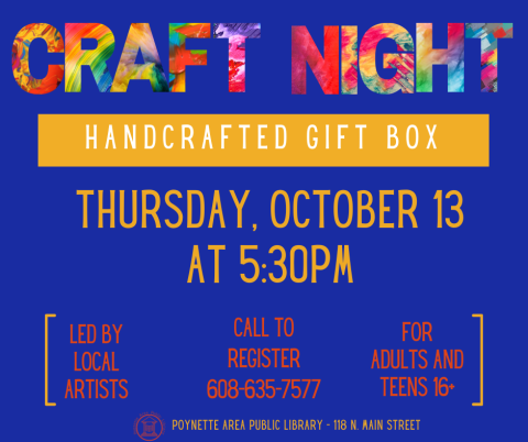 Adult Craft Night is October 13 at 5:30pm.