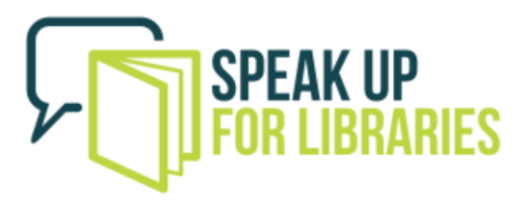 Speak Up For Libraries logo with a callout and book images.