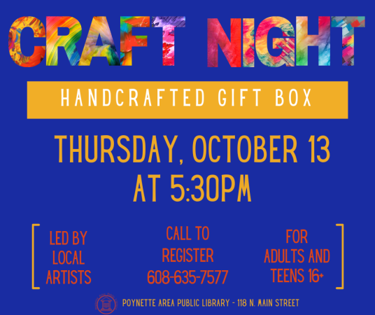 Adult Craft Night is October 13 at 5:30pm.