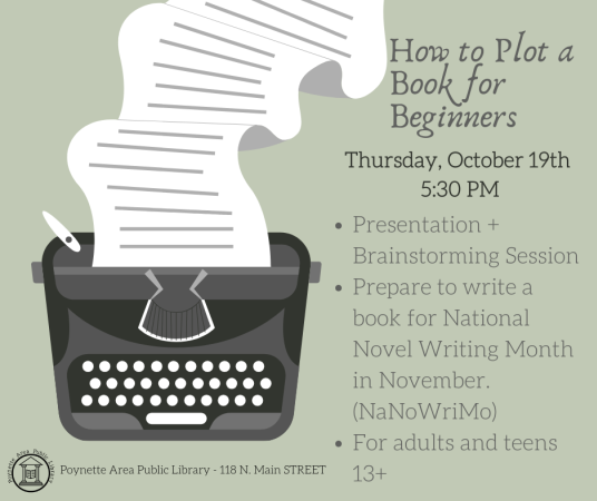 "How to Plot a Book for Beginners" on Thursday, October 19th at 5:30pm.