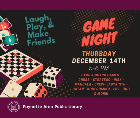 Game Night at the Library, Th. Dec. 14 from 5-6pm.