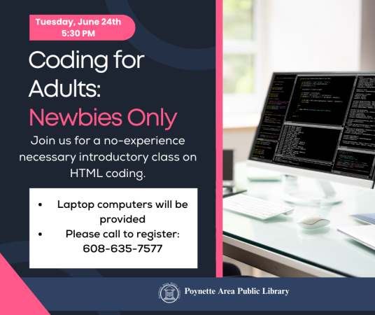 Coding for Adults on Tuesday, June 24 at 5:30pm